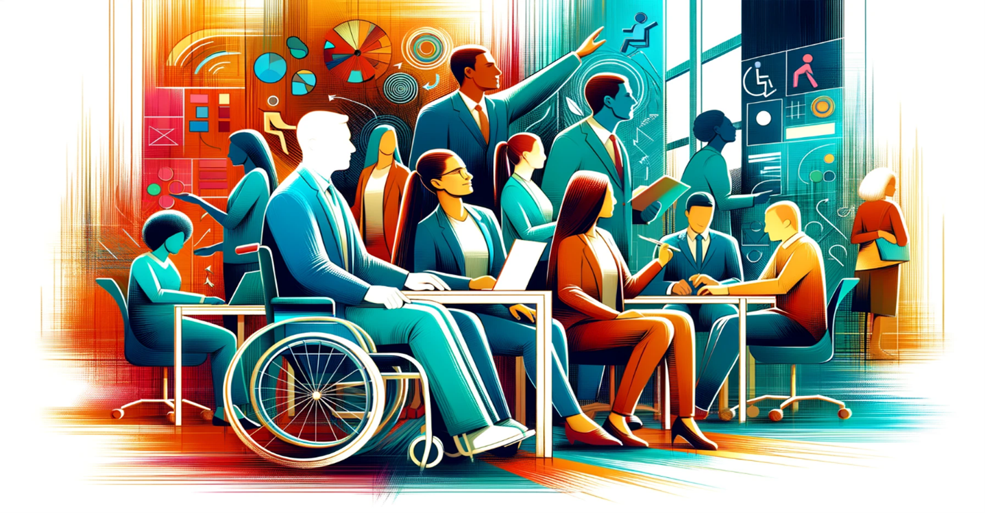 Illustration of a man in a wheelchair surrounded by people in business attire looking ast a screen containing accessibility icons
