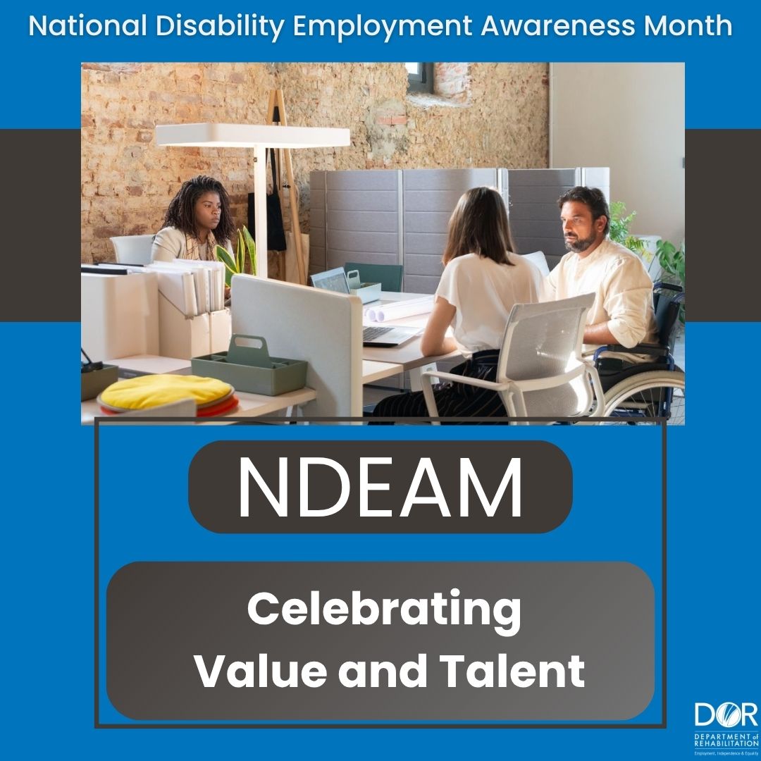 Promotional image for National Disability Employment Awareness Month showing three individuals engaged in discussion at a modern office workspace. Text overlay reads NDEAM80 Celebrating Value and Talent.